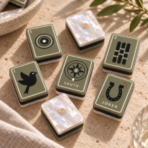 Olive green American Mahjong tiles with pearl backs