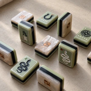 Olive American Mahjong tiles showing botanical and geometric motifs