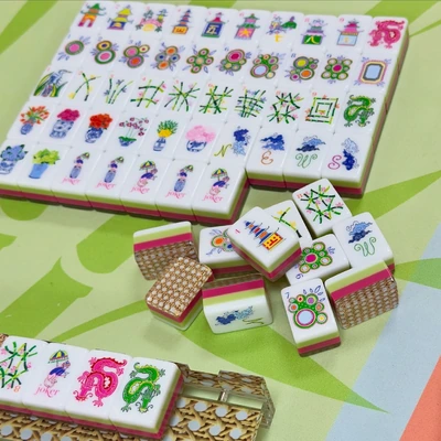 Pavilion Garden Chinoiserie American Mahjong Tiles showing tile faces and coordinating backs