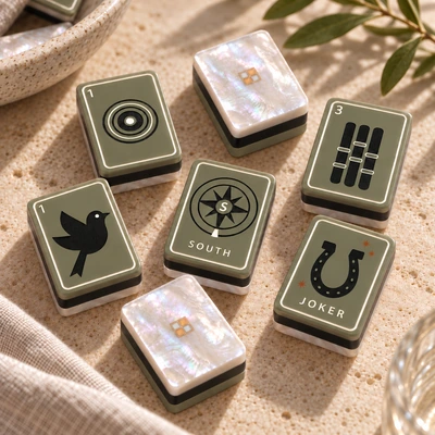 Olive green American Mahjong tiles with pearl backs