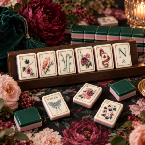 Emerald botanical American Mahjong tiles with figs, owls and florals