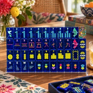 Electric Blue Mosaic Mahjong tiles arranged in a full display