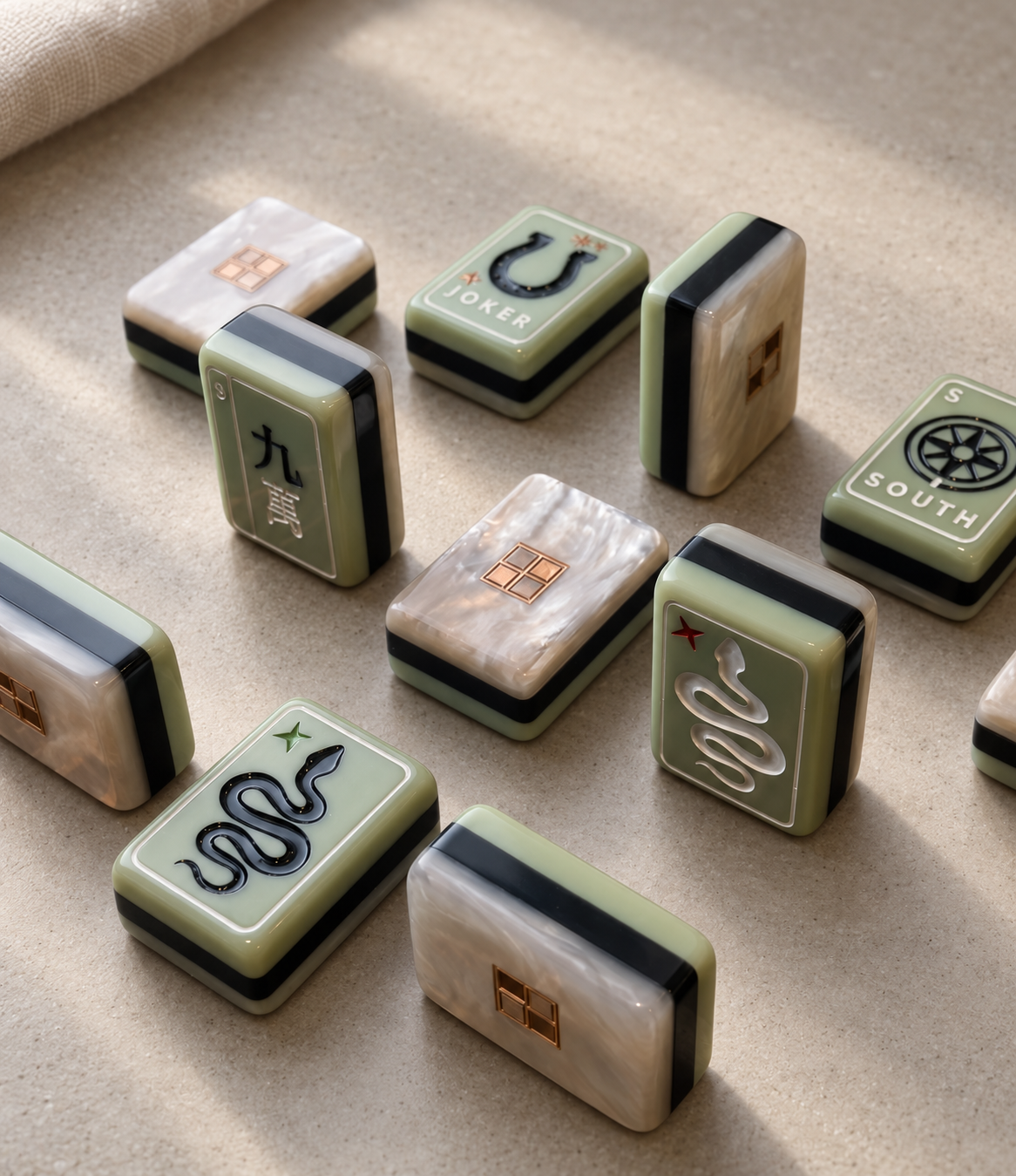 Olive American Mahjong tiles showing botanical and geometric motifs