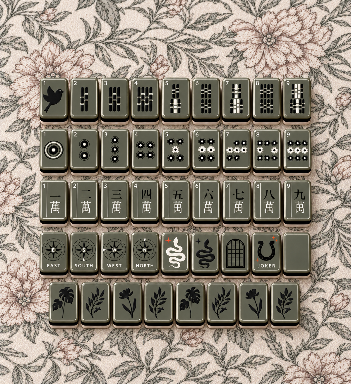 Complete olive green American Mahjong tile set