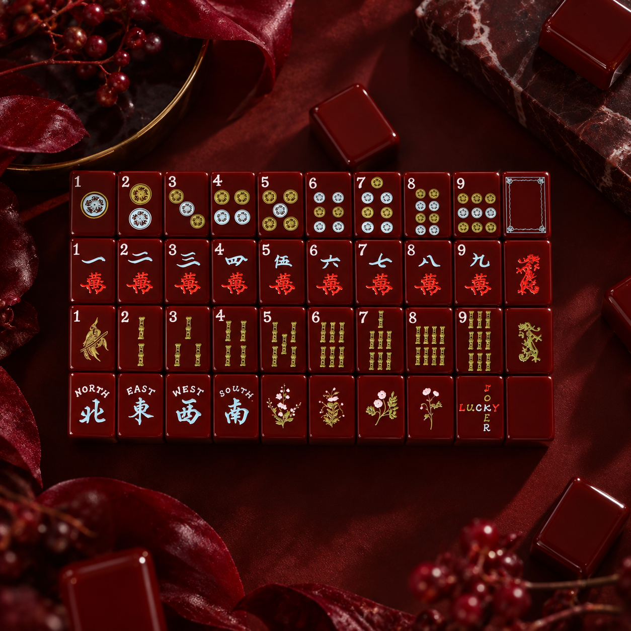 Cherry Red American Mahjong tiles arranged in a grid