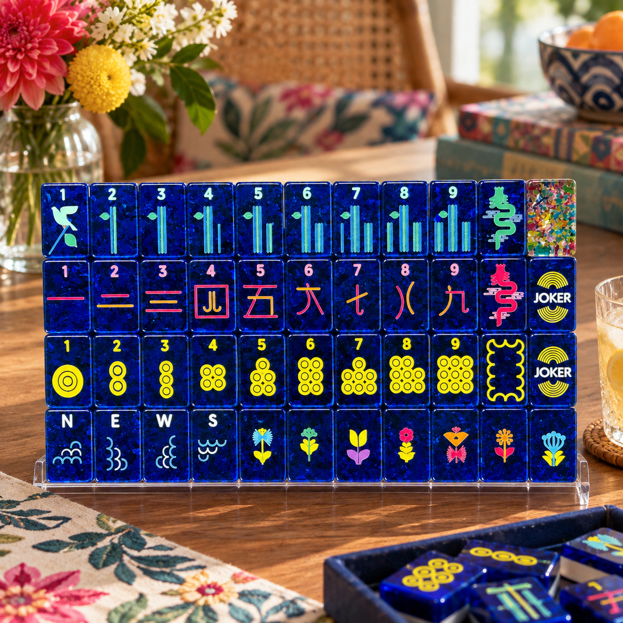 Electric Blue Mosaic Mahjong tiles arranged in a full display
