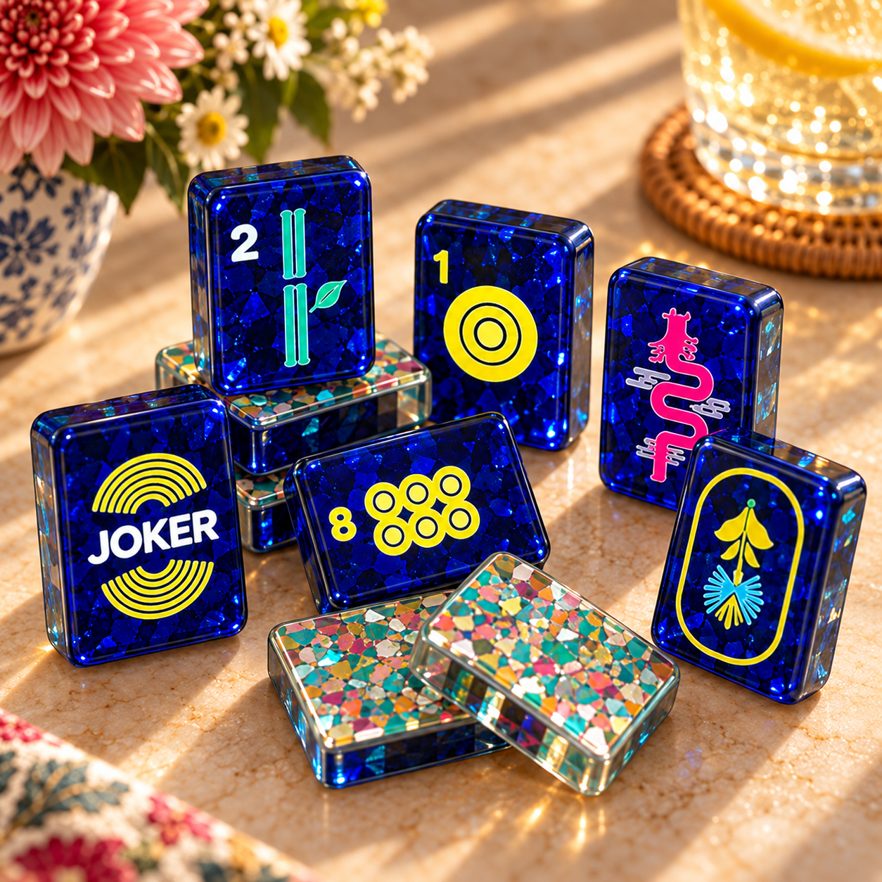 Electric blue Mahjong tile faces and multicolor mosaic backs