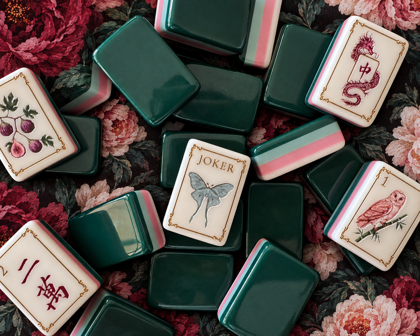 Emerald Fig Garden Mahjong tiles showing layered acrylic backs