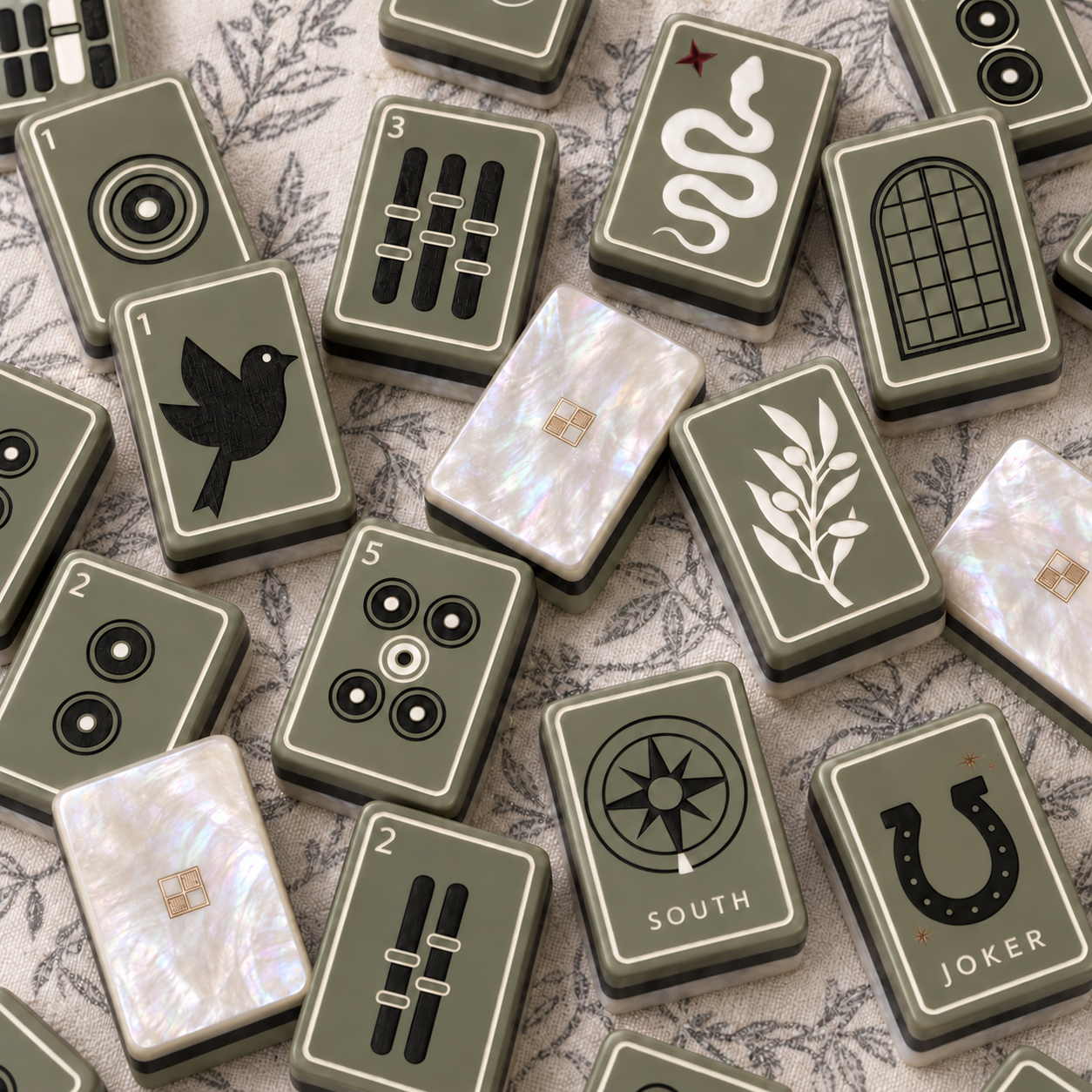 Olive Pearl Botanical American Mahjong Tiles